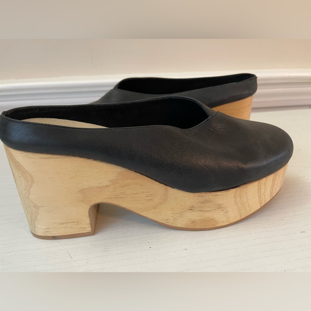 Free People Black Leather Mules with Wood Platform